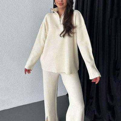 Women's Cozy Ribbed Knit with Slit-Leg Pants(Two-Piece Set) - Celestial Couture