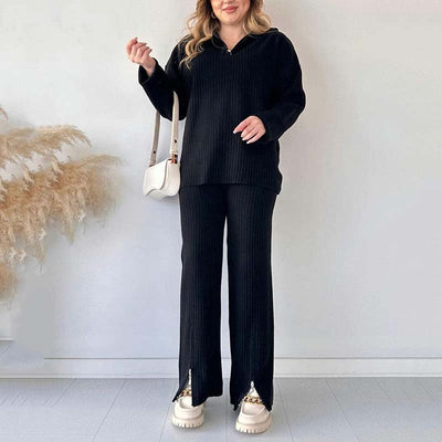 Women's Cozy Ribbed Knit with Slit-Leg Pants(Two-Piece Set) - Celestial Couture