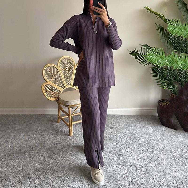 Women's Cozy Ribbed Knit with Slit-Leg Pants(Two-Piece Set) - Celestial Couture