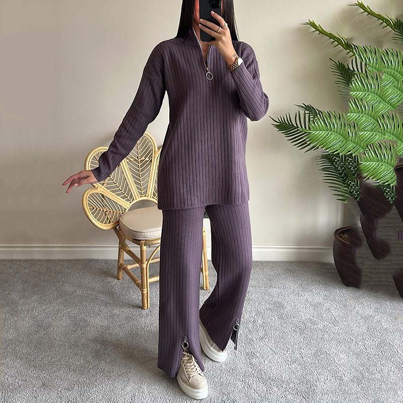 Women's Cozy Ribbed Knit with Slit-Leg Pants(Two-Piece Set) - Celestial Couture