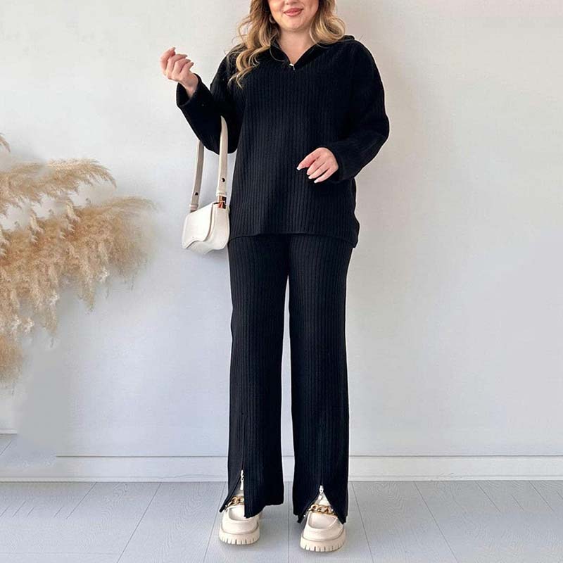 Women's Cozy Ribbed Knit with Slit-Leg Pants(Two-Piece Set) - Celestial Couture