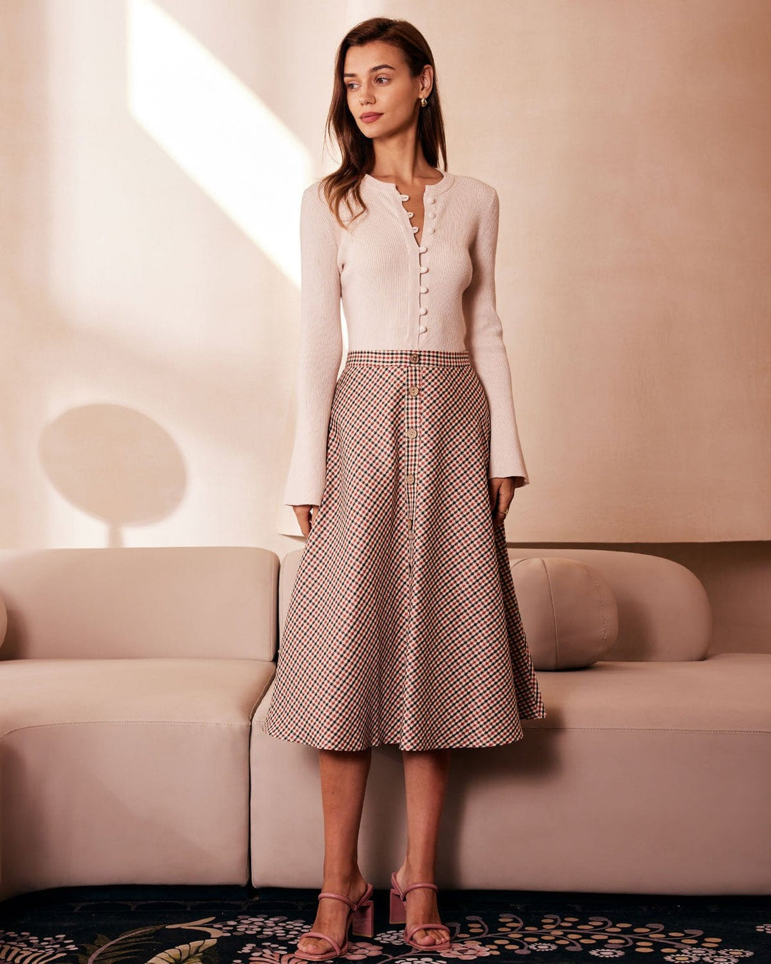The Apricot Round Neck Button Up Knit Top - Celestia Couture