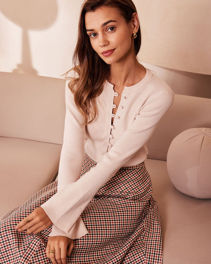 The Apricot Round Neck Button Up Knit Top - Celestia Couture
