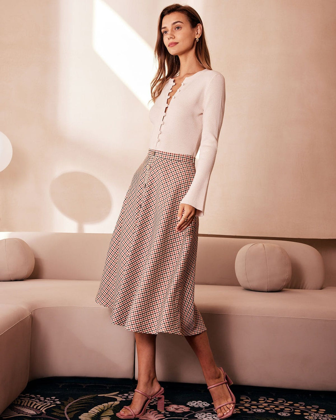 The Apricot Round Neck Button Up Knit Top - Celestia Couture