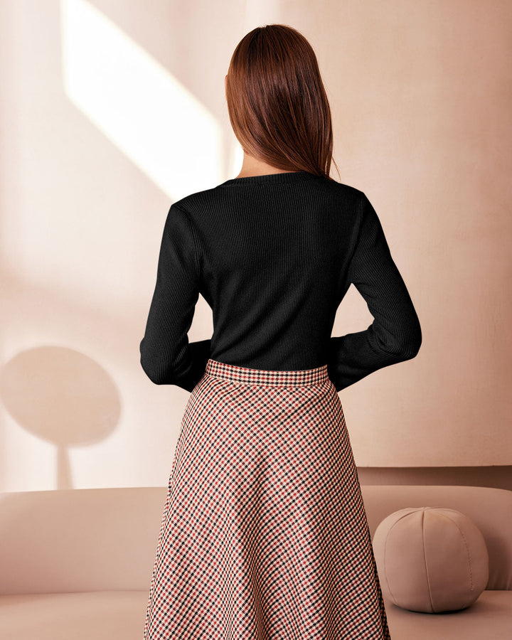 The Black Round Neck Button Up Knit Top - Celestia Couture