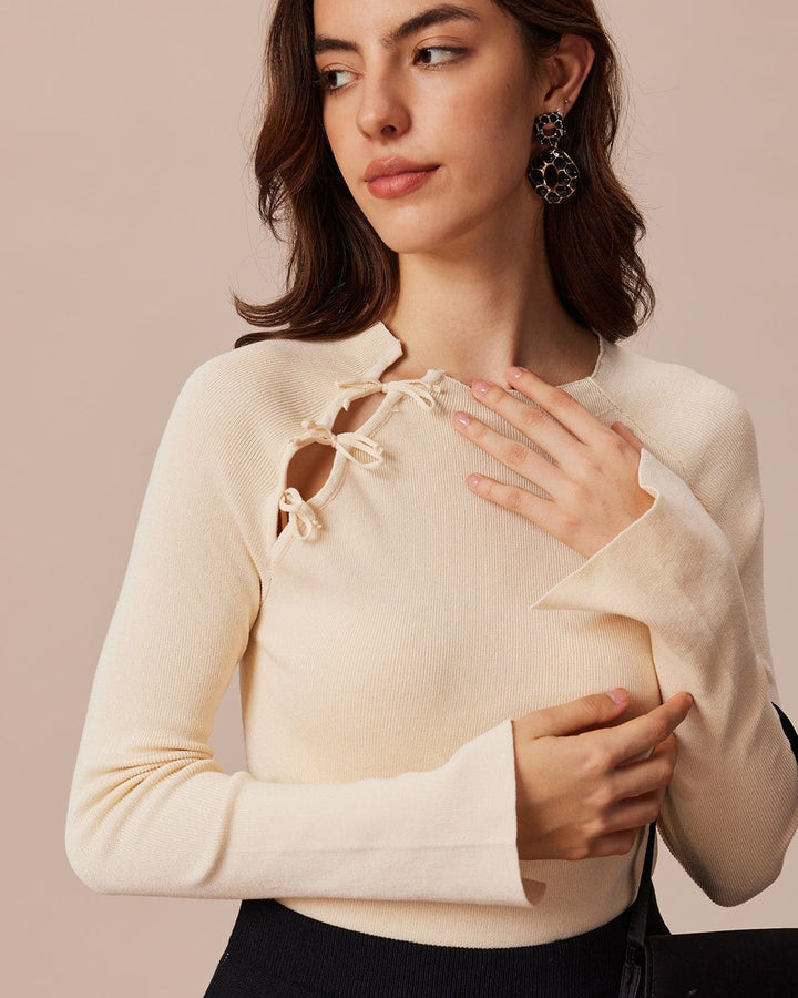 The Beige Ribbed Cut Out Bowknot Knit Top - Celestia Couture