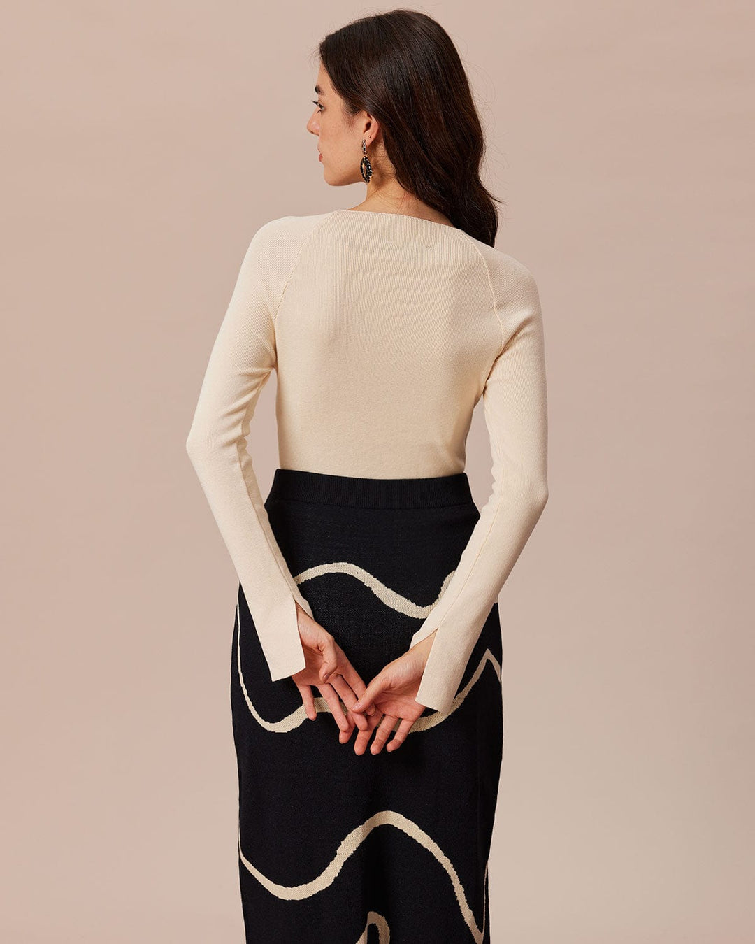 The Beige Ribbed Cut Out Bowknot Knit Top - Celestia Couture