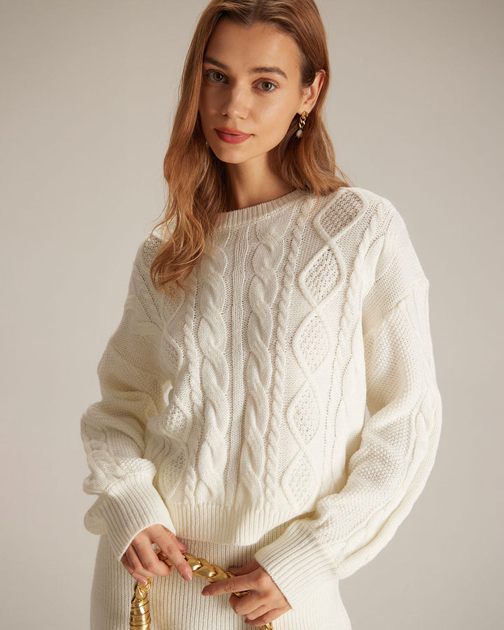 The Beige Round Neck Ribbed Cable Sweater - Celestia Couture