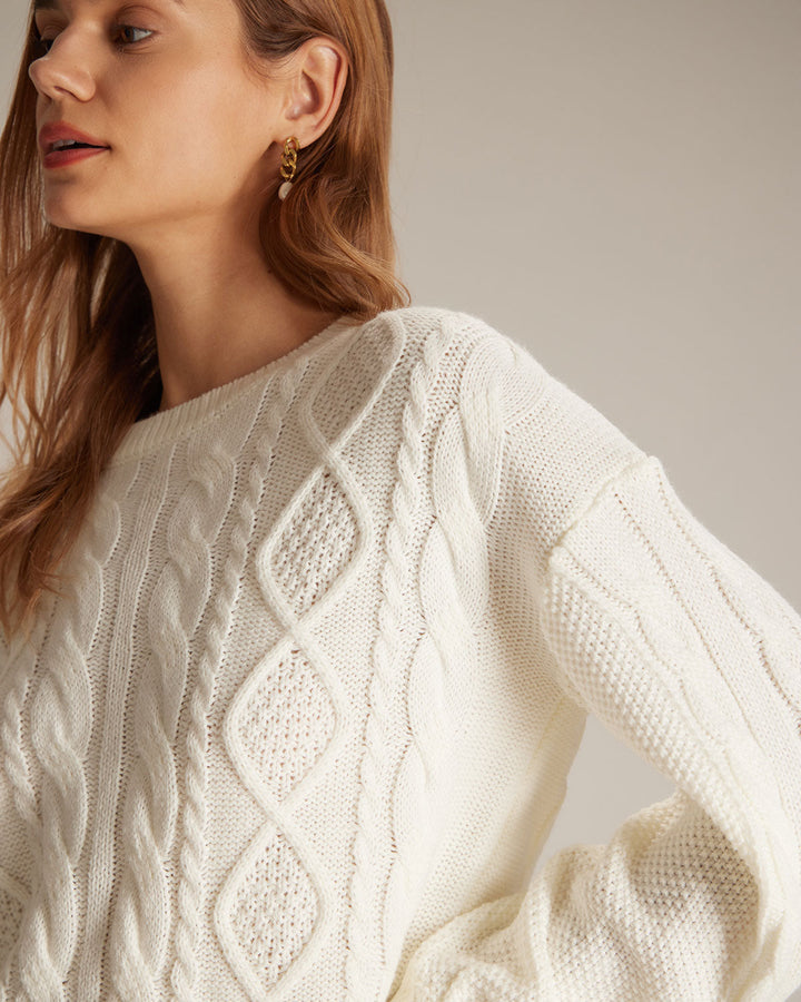 The Beige Round Neck Ribbed Cable Sweater - Celestia Couture