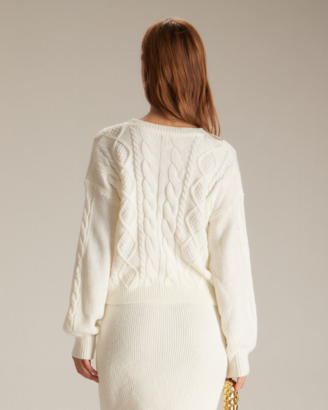 The Beige Round Neck Ribbed Cable Sweater - Celestia Couture