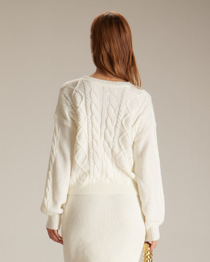 The Beige Round Neck Ribbed Cable Sweater - Celestia Couture