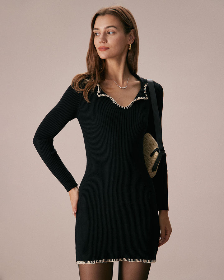 The Black Contrast Stitch Sweater Mini Dress - Celestia Couture