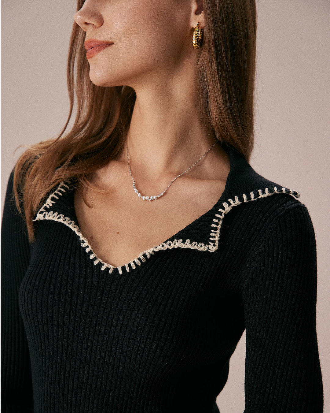 The Black Contrast Stitch Sweater Mini Dress - Celestia Couture