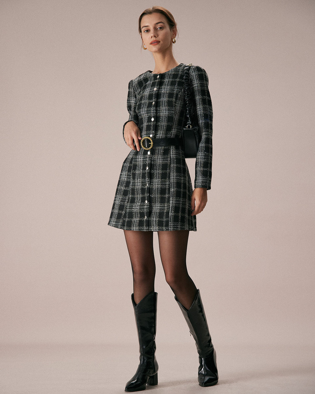The Black Crew Neck Plaid A-Line Mini Dress - Celestia Couture