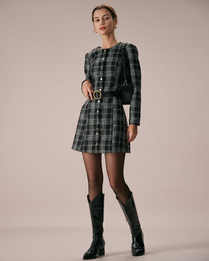 The Black Crew Neck Plaid A-Line Mini Dress - Celestia Couture
