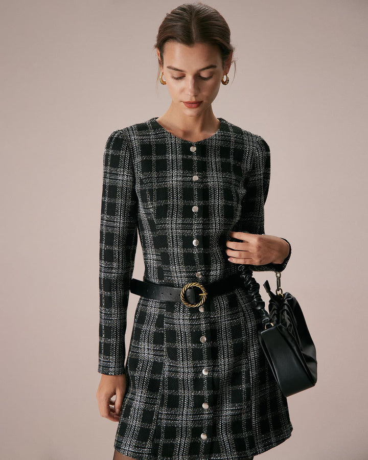 The Black Crew Neck Plaid A-Line Mini Dress - Celestia Couture