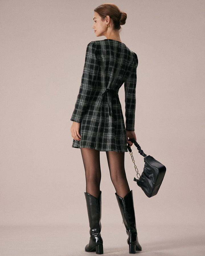 The Black Crew Neck Plaid A-Line Mini Dress - Celestia Couture