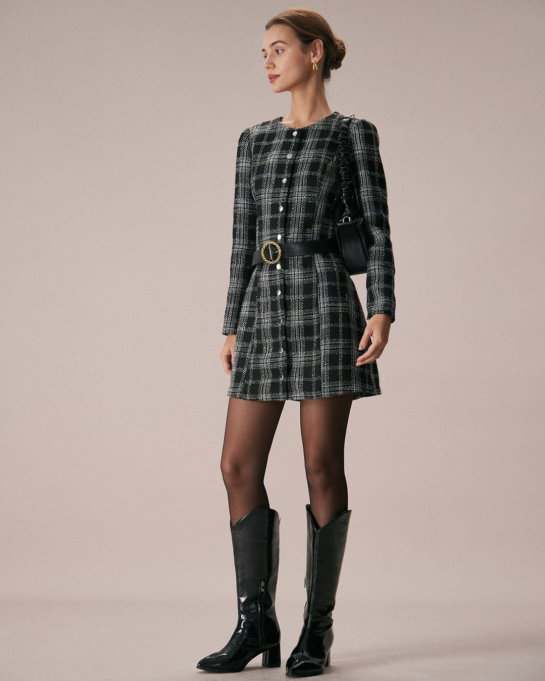 The Black Crew Neck Plaid A-Line Mini Dress - Celestia Couture