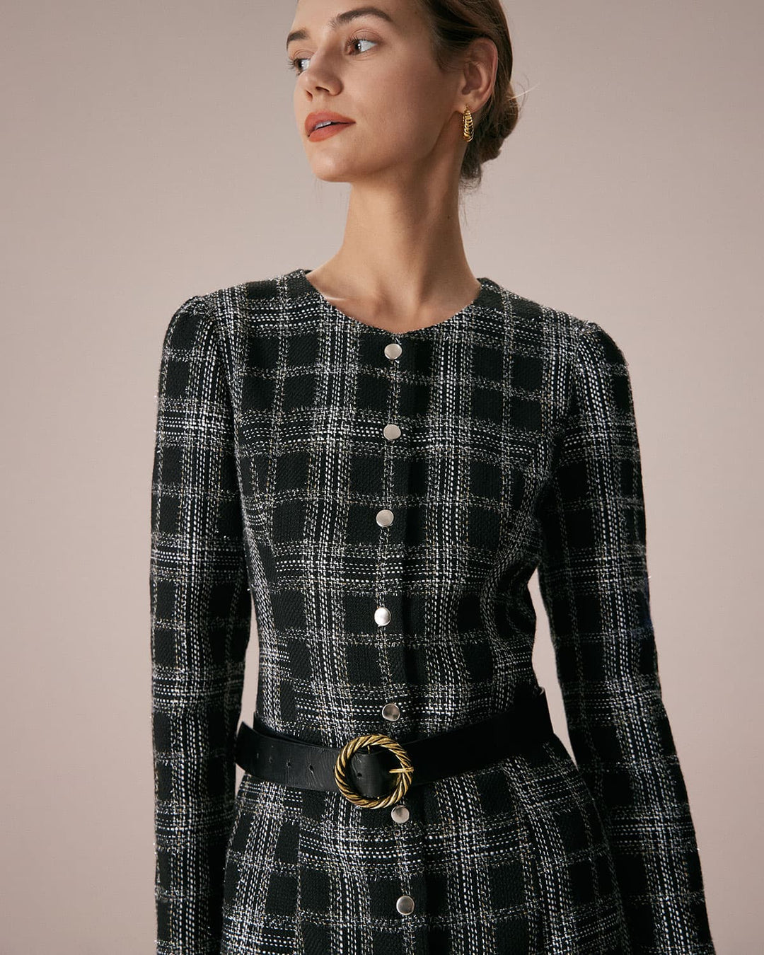 The Black Crew Neck Plaid A-Line Mini Dress - Celestia Couture