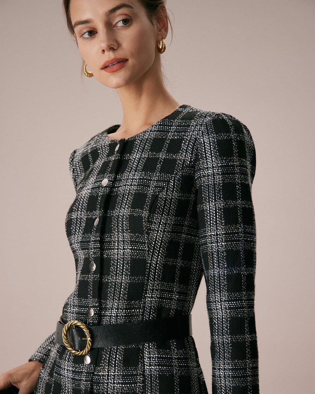 The Black Crew Neck Plaid A-Line Mini Dress - Celestia Couture