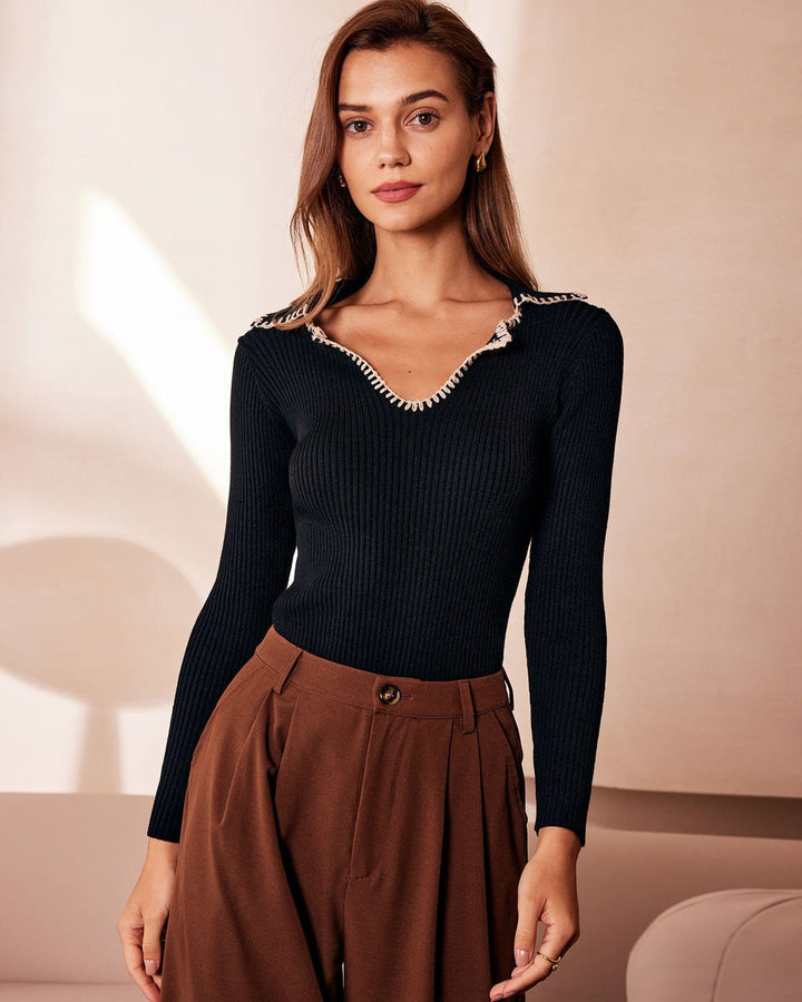 The Black Lapel Seam Colorblock Knit Top - Celestia Couture