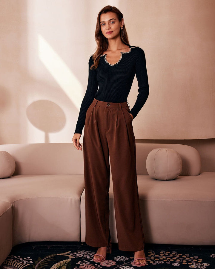 The Black Lapel Seam Colorblock Knit Top - Celestia Couture