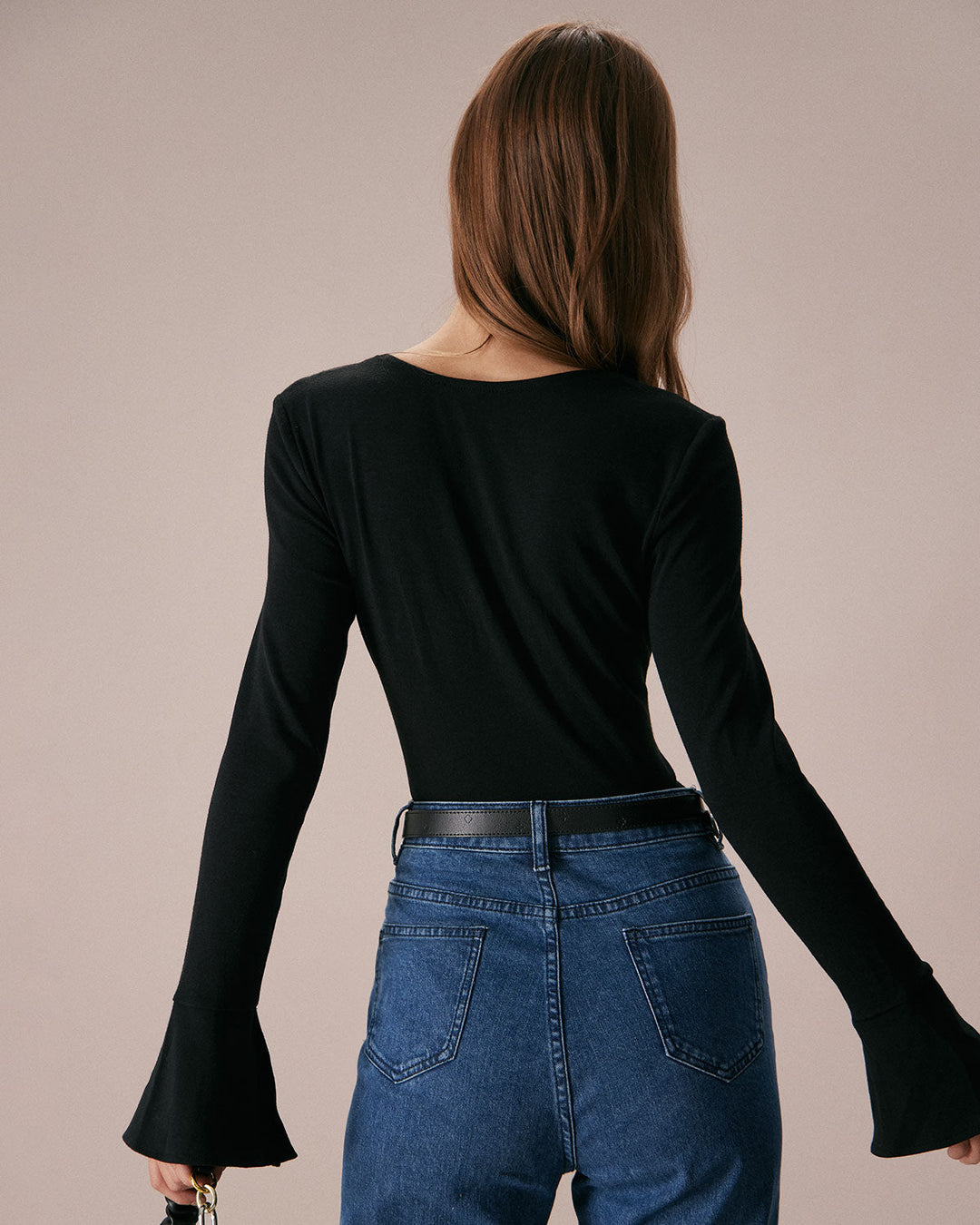 The Black Square Neck Slit Flare Sleeve Tee - Celestia Couture