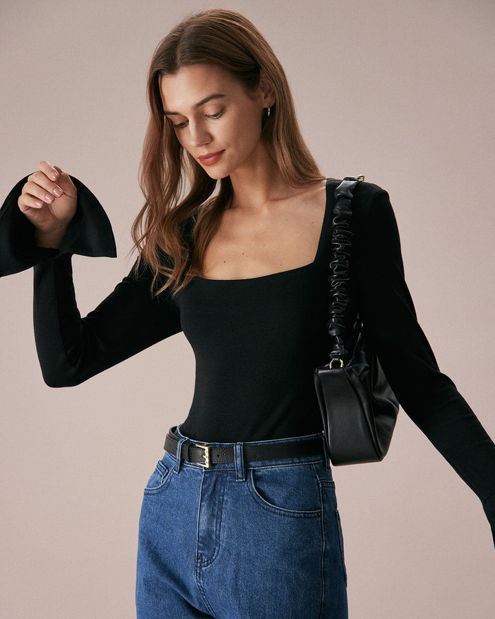 The Black Square Neck Slit Flare Sleeve Tee - Celestia Couture