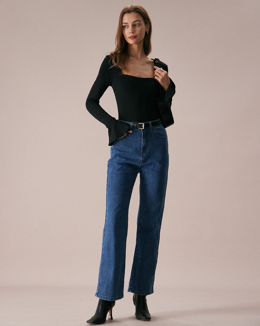 The Black Square Neck Slit Flare Sleeve Tee - Celestia Couture