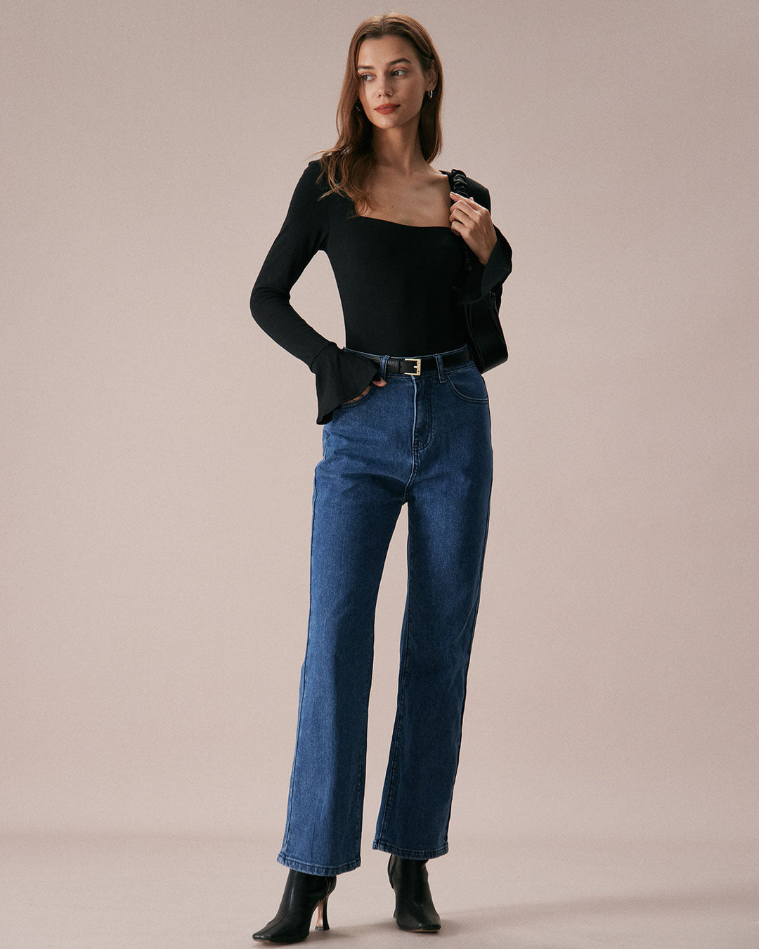 The Black Square Neck Slit Flare Sleeve Tee - Celestia Couture