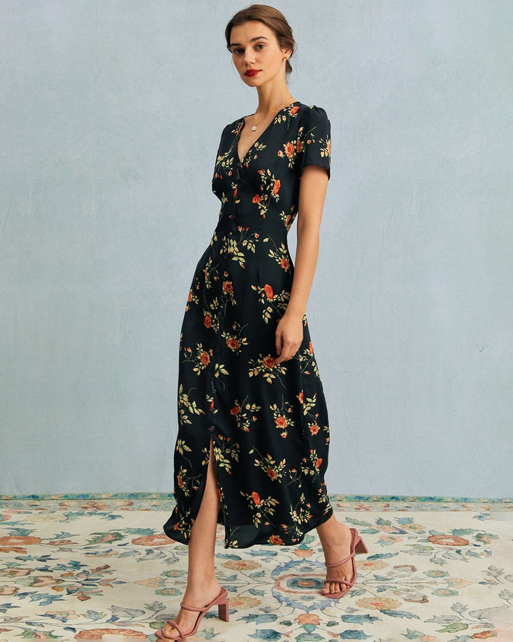 The Black V Neck Floral Short Sleeve Maxi Dress - Celestia Couture