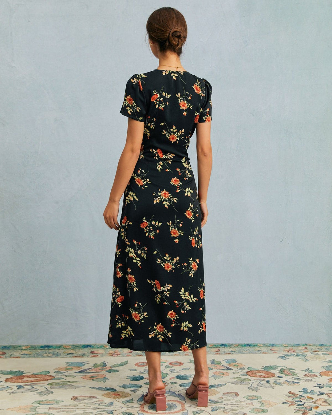 The Black V Neck Floral Short Sleeve Maxi Dress - Celestia Couture