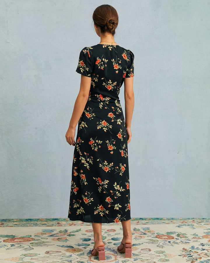 The Black V Neck Floral Short Sleeve Maxi Dress - Celestia Couture