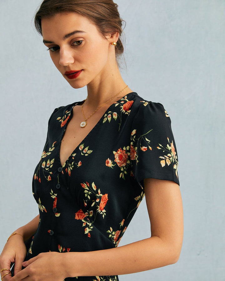 The Black V Neck Floral Short Sleeve Maxi Dress - Celestia Couture