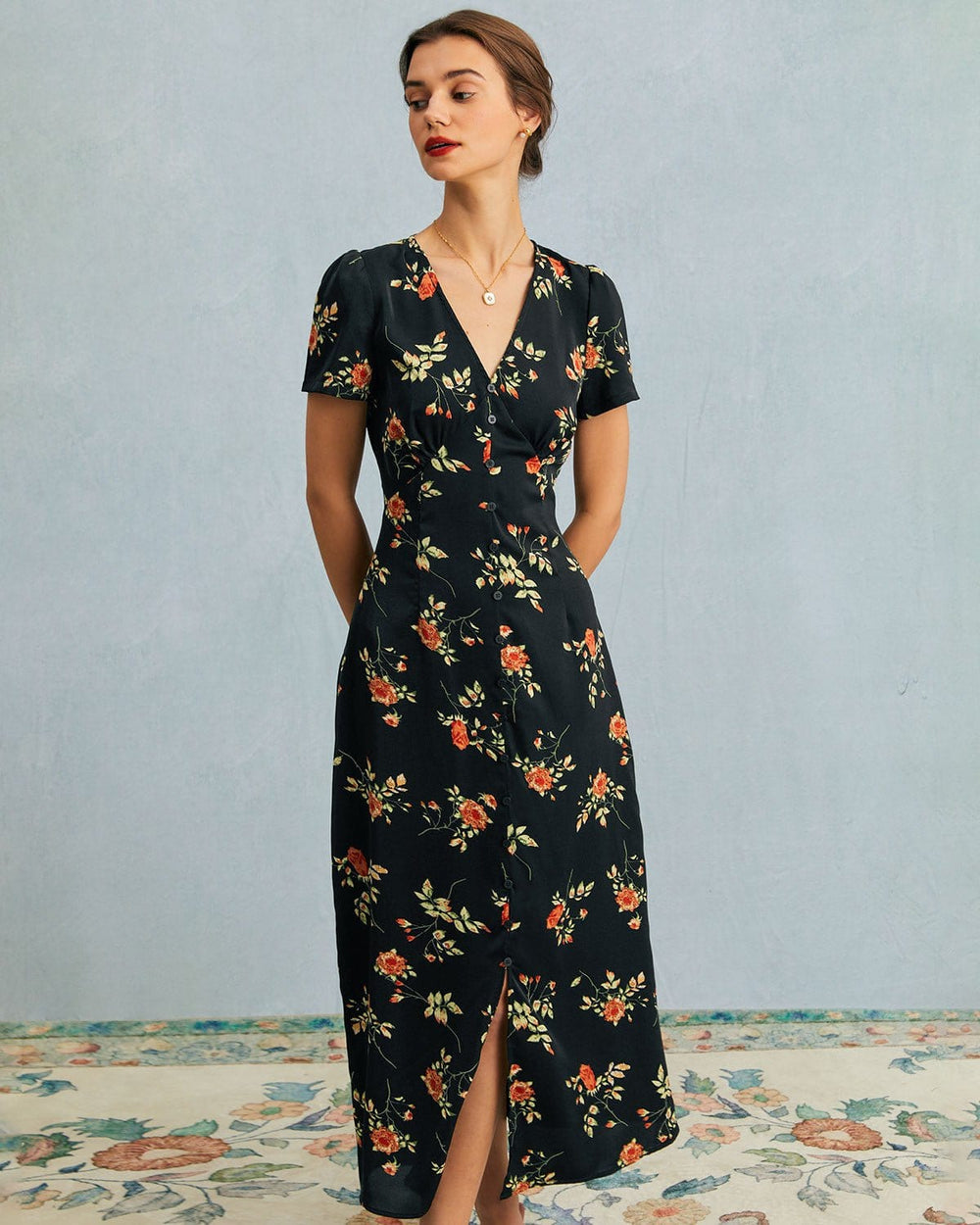 The Black V Neck Floral Short Sleeve Maxi Dress - Celestia Couture