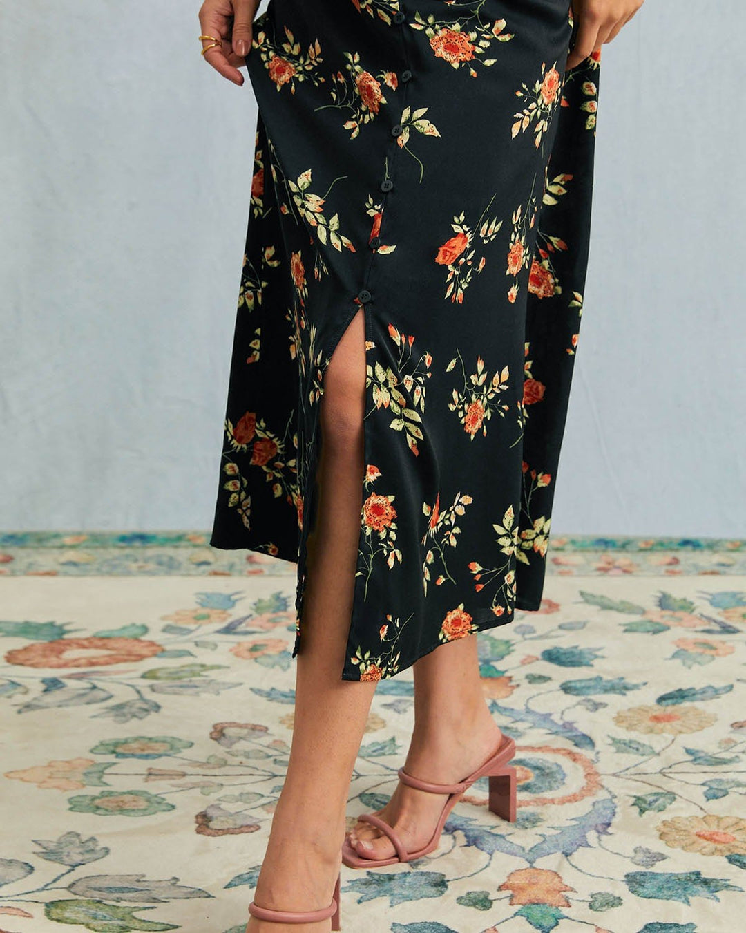The Black V Neck Floral Short Sleeve Maxi Dress - Celestia Couture