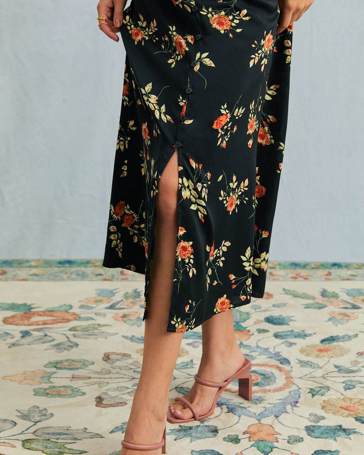 The Black V Neck Floral Short Sleeve Maxi Dress - Celestia Couture
