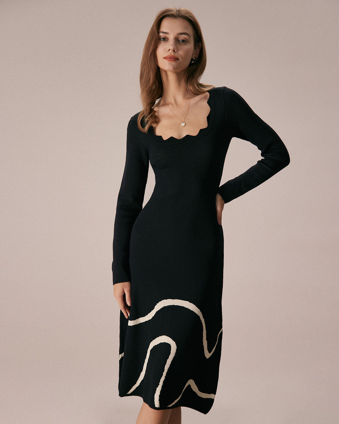 The Black Wave Scalloped Sweater Midi Dress - Celestia Couture