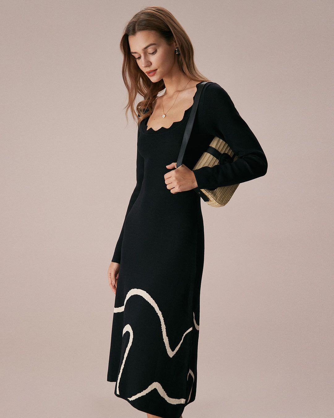 The Black Wave Scalloped Sweater Midi Dress - Celestia Couture