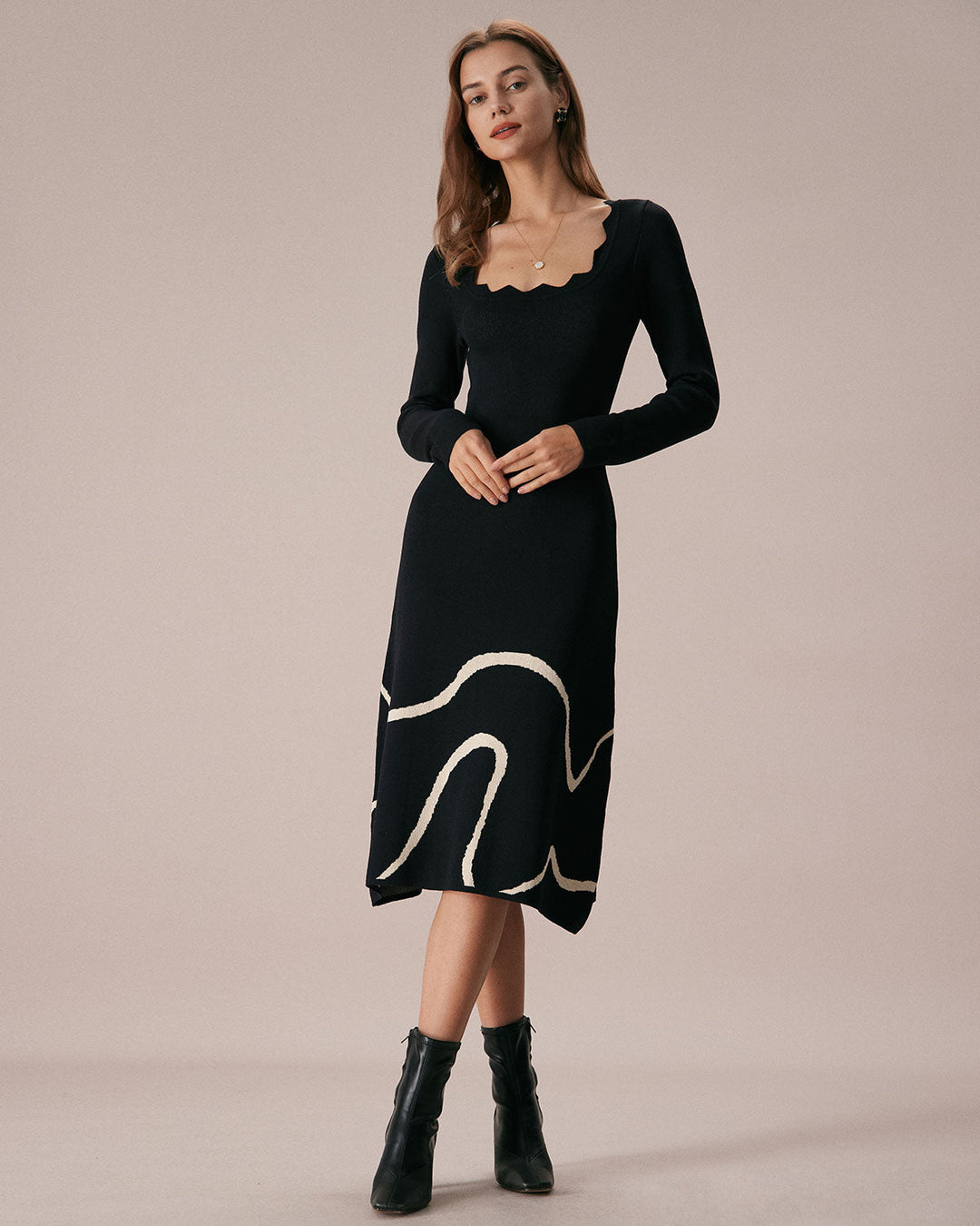 The Black Wave Scalloped Sweater Midi Dress - Celestia Couture