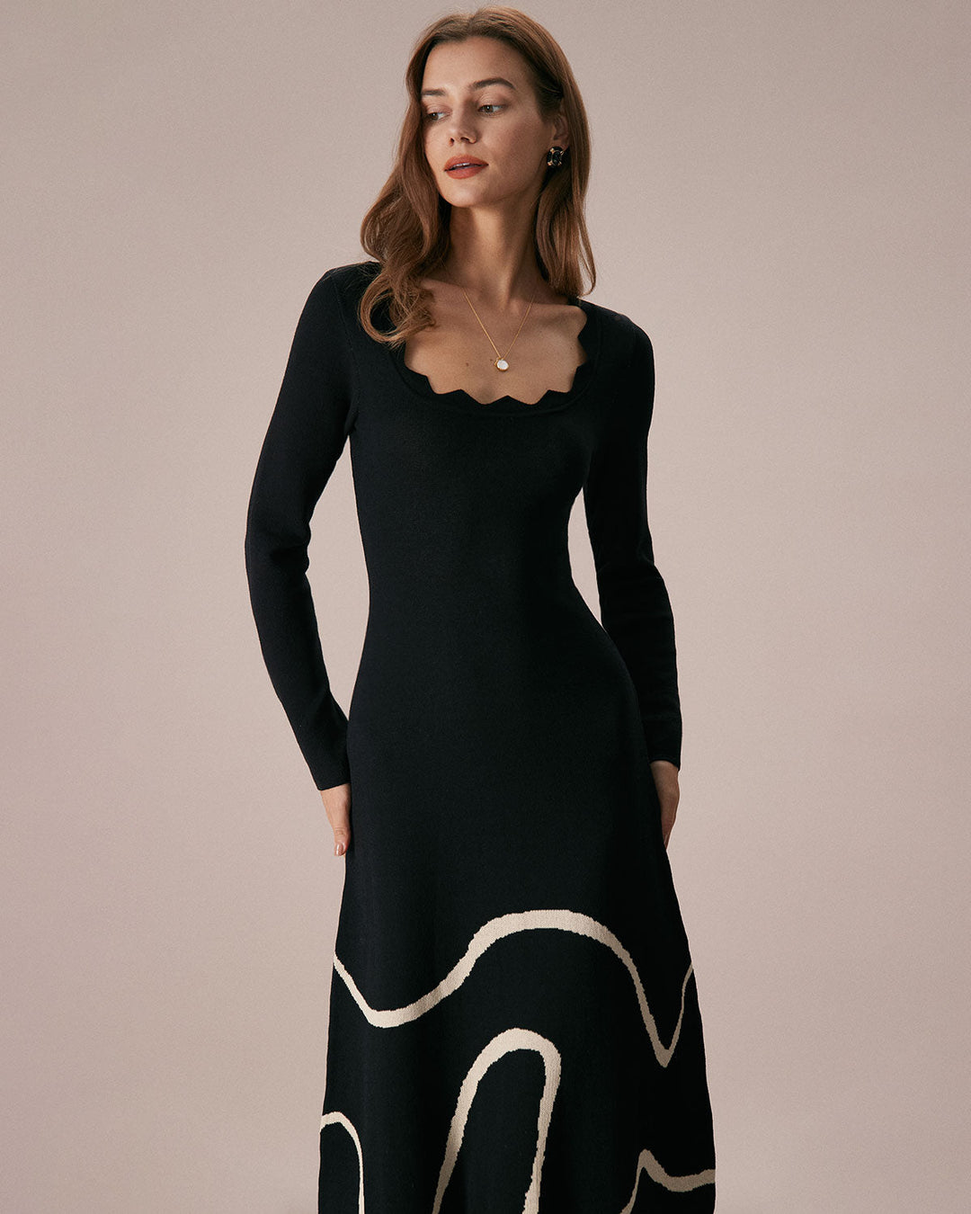 The Black Wave Scalloped Sweater Midi Dress - Celestia Couture