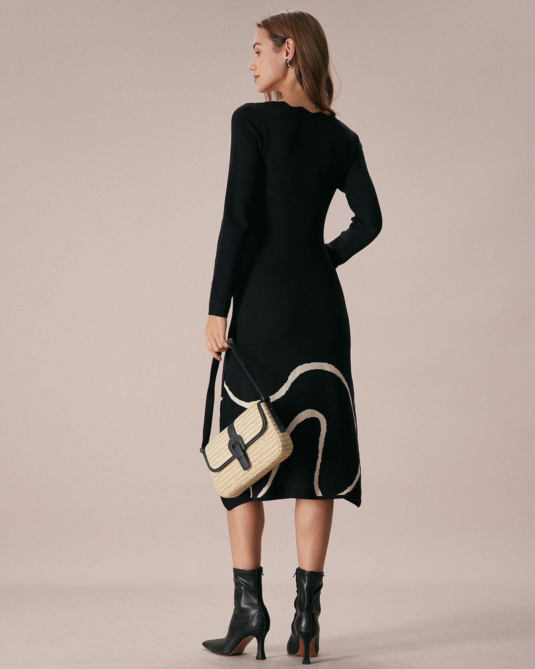 The Black Wave Scalloped Sweater Midi Dress - Celestia Couture