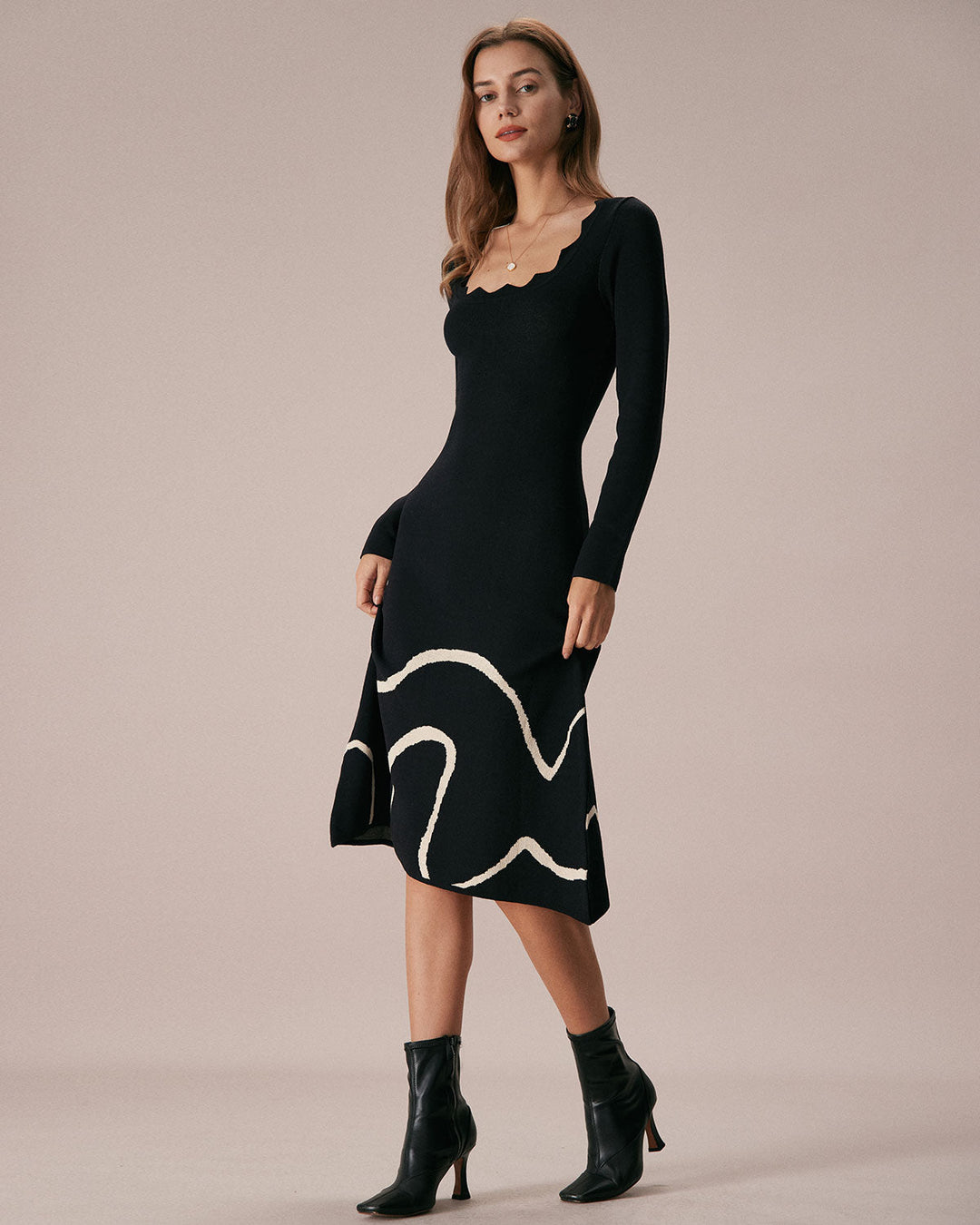 The Black Wave Scalloped Sweater Midi Dress - Celestia Couture