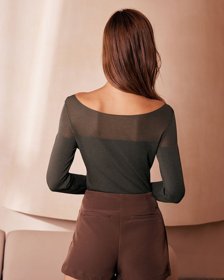 The Army Green Boat Neck Sheer Knit Top - Celestia Couture