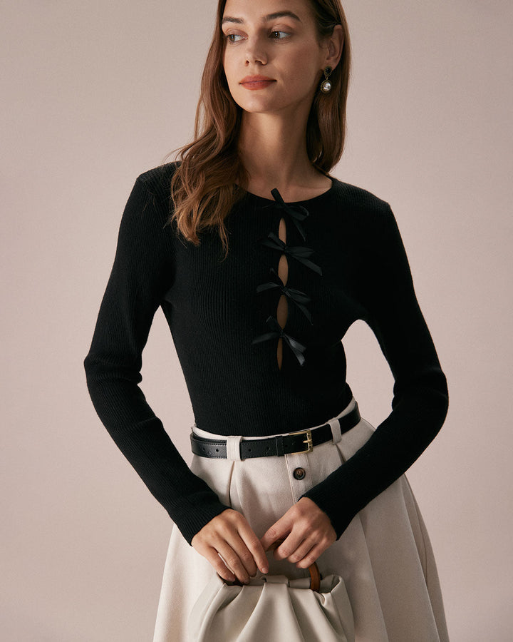 The Black Boat Neck Bowknot Front Knit Top - Celestia Couture