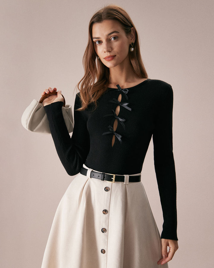 The Black Boat Neck Bowknot Front Knit Top - Celestia Couture