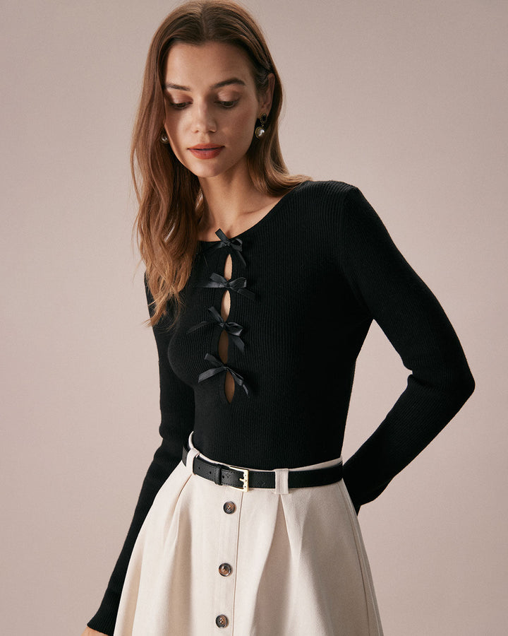 The Black Boat Neck Bowknot Front Knit Top - Celestia Couture