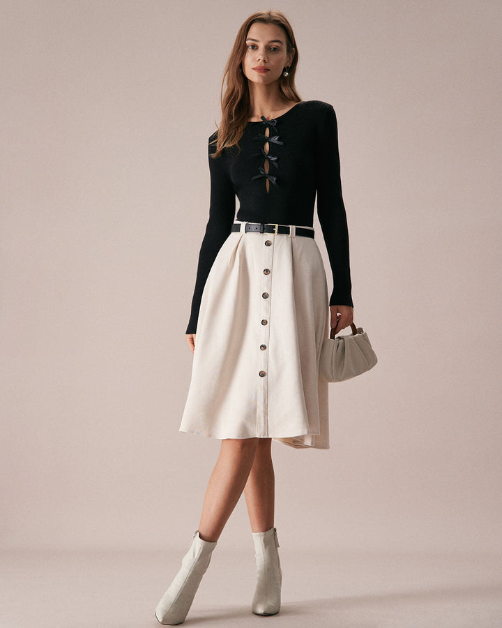 The Black Boat Neck Bowknot Front Knit Top - Celestia Couture