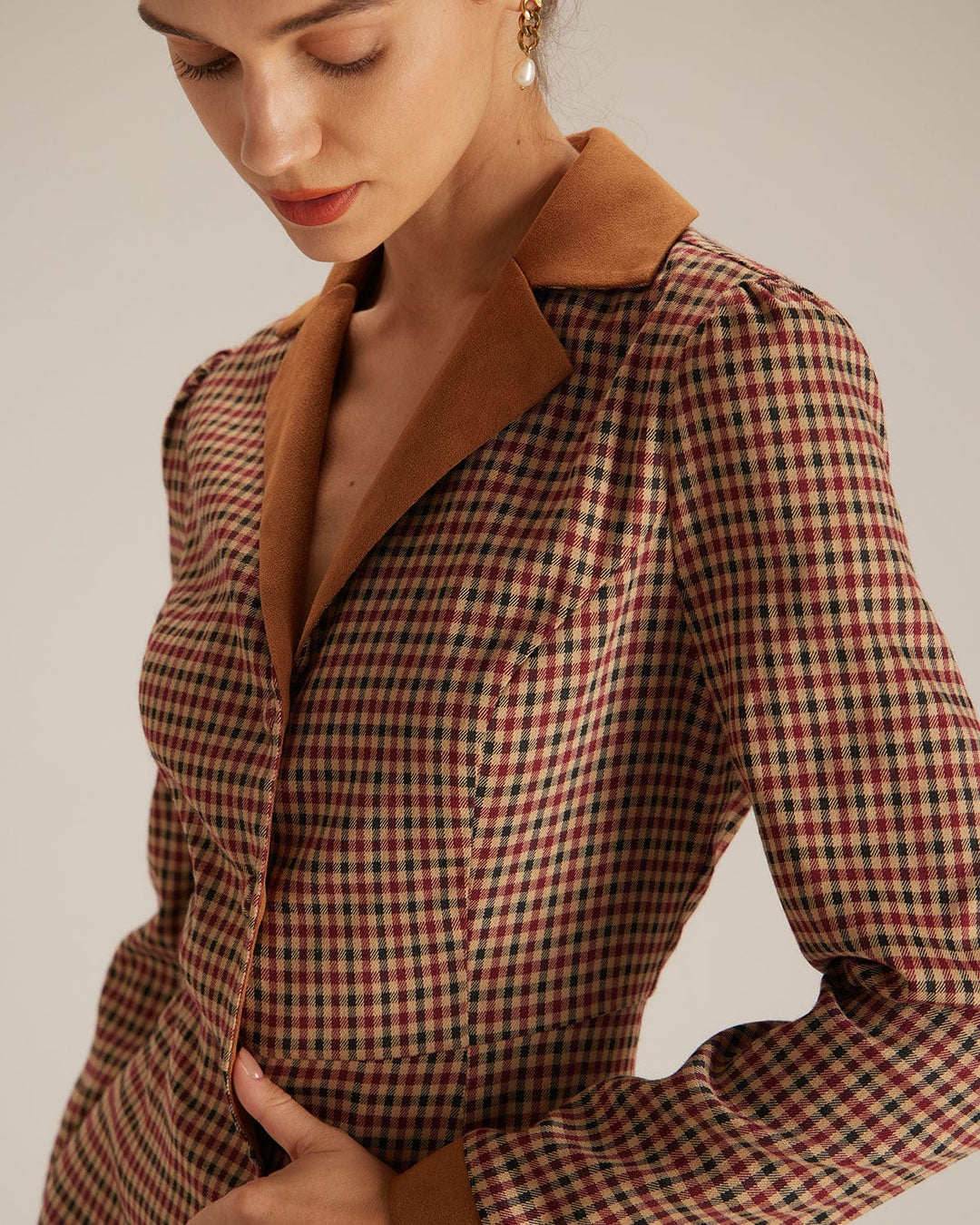 The Brown Plaid Spliced Suede Mini Dress - Celestia Couture