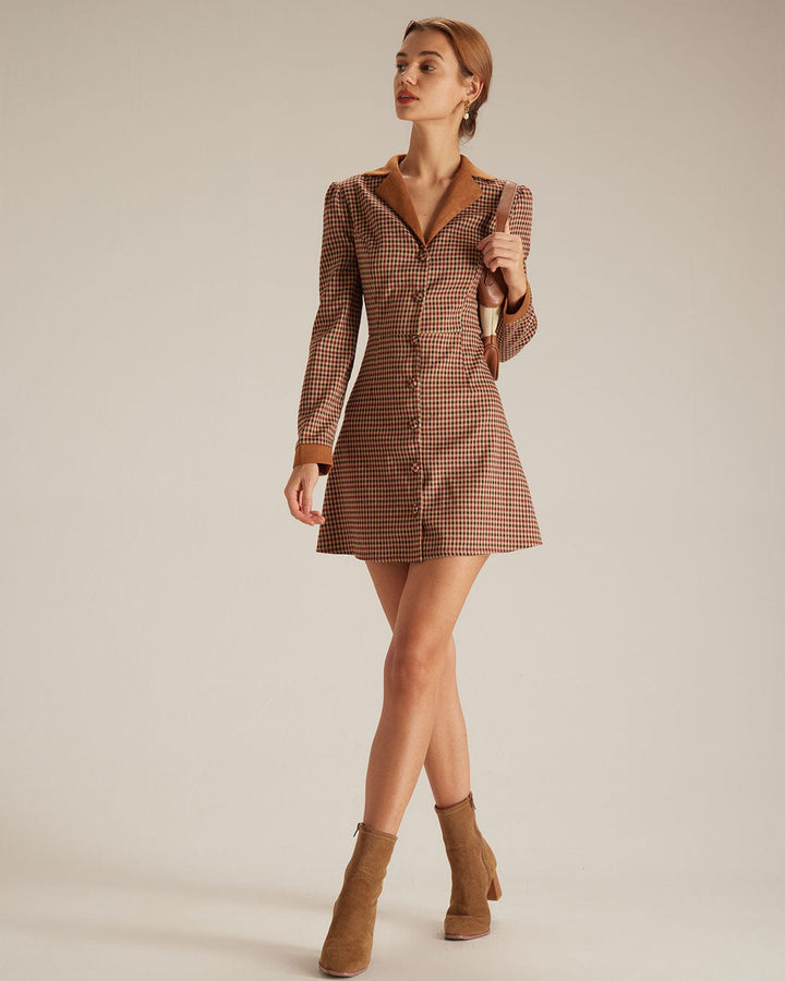 The Brown Plaid Spliced Suede Mini Dress - Celestia Couture